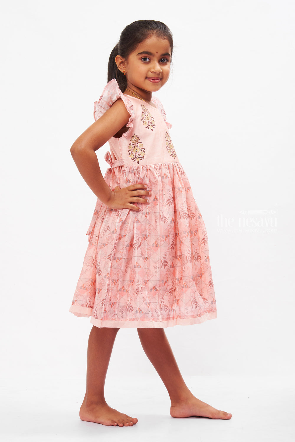 The Nesavu Girls Cotton Frock Coral Cotton Frock with Embellished Bodice and Ruffled Sleeves for Girls Nesavu Girls Chic Cotton Dress Designs | Coral Frock with Ruffle Detail | The Nesavu