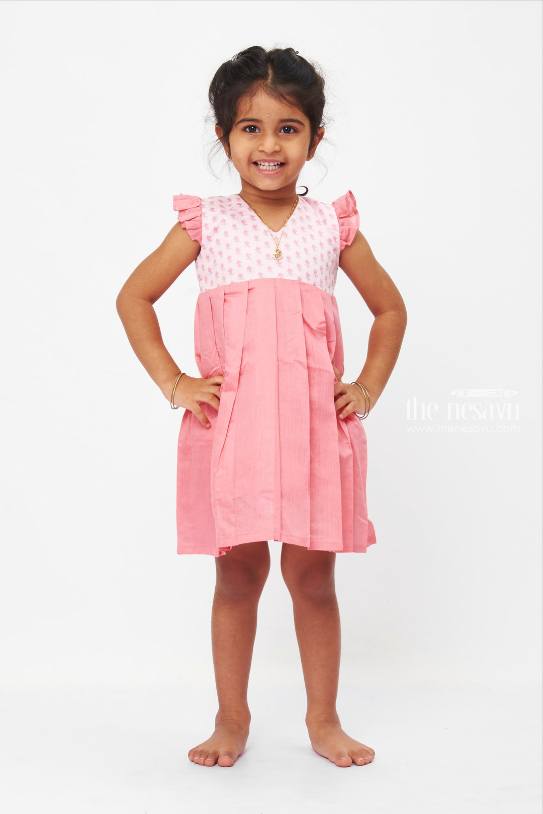 The Nesavu Girls Cotton Frock Coral Pleated Cotton Dress with Floral Printed Yoke for Girls Nesavu 12 (3M) / Pink / Cotton GFC1181A-12 Girls Floral Yoke Pleated Dress | Coral Cotton Frock for Casual Wear | The Nesavu