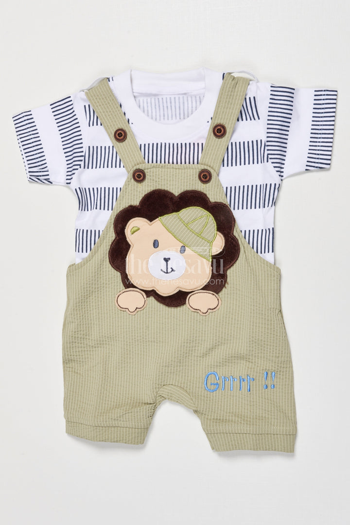 The Nesavu Baby Dungarees Cotton Baby Dungaree Set with Animal Embroidery for Playful Dressing Nesavu 14 (6M) / Green BCS519B-14 Nesavu baby dungaree set bear embroidery striped tee  made comfort daily cuteness