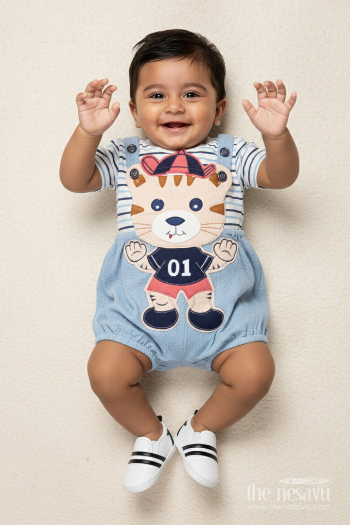 The Nesavu Baby Dungarees Cotton Baby Dungaree Set with Cute Embroidery for Everyday Wear Nesavu 14 (6M) / Gray BCS517B-14 Nesavu cotton baby dungaree set animal embroidery playdates daily comfort