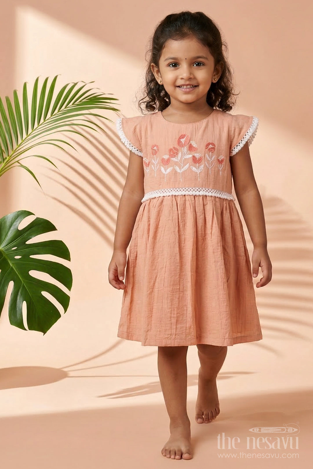 The Nesavu Girls Cotton Frock Cotton-blend Embroidered Frock with Flutter Sleeves and Floral Yoke Nesavu 20 (3Y) / Beige / Cotton Blend GFC2116A-20 Nesavu cotton blend embroidered frock for festive and casual occasions
