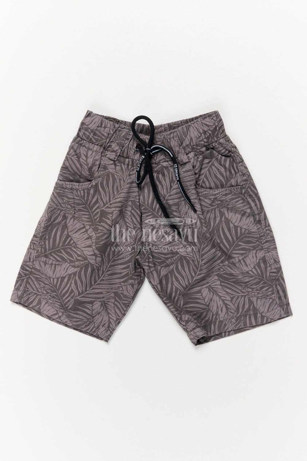 The Nesavu Boys Shorts Cotton Boys Shorts with All-over Tropical Leaf Print and Relaxed Fit Nesavu 14 (6M) / Gray / Cotton BWS067B-14 Boys casual printed shorts with leaf design and drawstring waist
