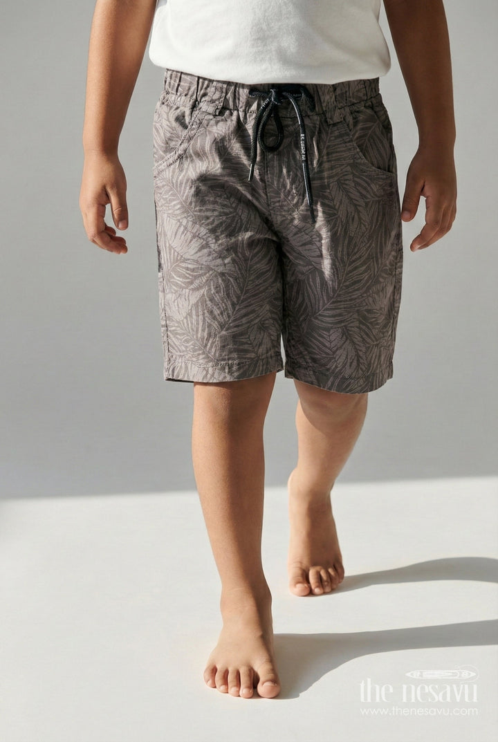 The Nesavu Boys Shorts Cotton Boys Shorts with All-over Tropical Leaf Print and Relaxed Fit Nesavu 14 (6M) / Gray / Cotton BWS067B-14 Boys casual printed shorts with leaf design and drawstring waist