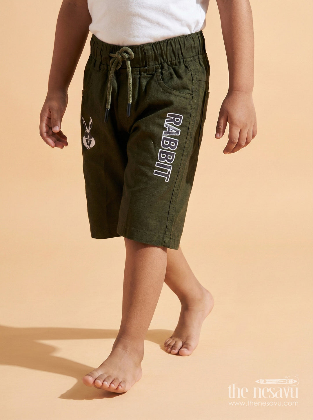 The Nesavu Boys Shorts Cotton Boys Shorts with Cartoon Print and Bold Text Design Nesavu 14 (6M) / Green / Cotton BWS066J-14 Boys cotton shorts with rabbit print, elastic waist, and side pockets