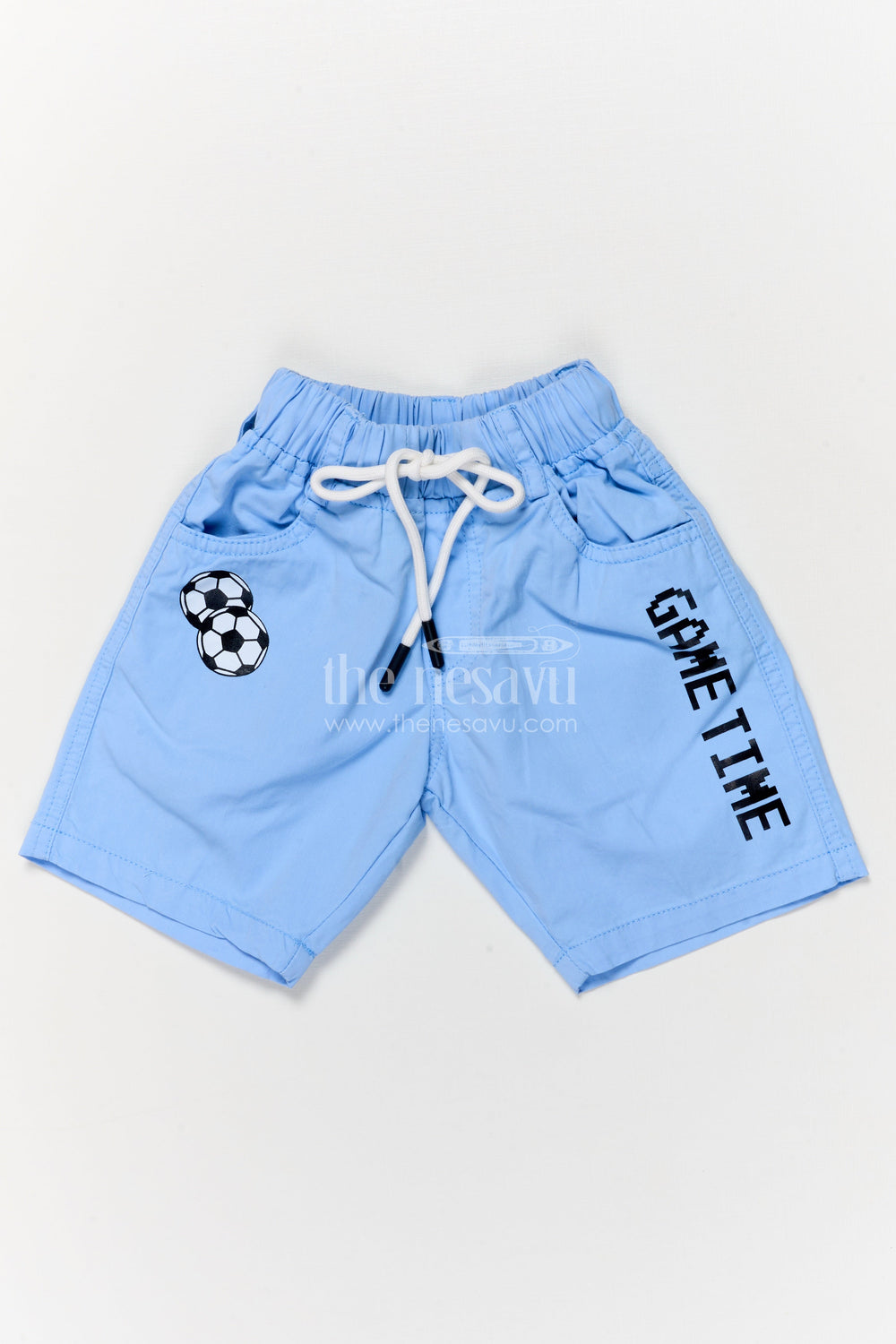 The Nesavu Boys Shorts Cotton Boys Shorts with Game Time Print and Football Patch Nesavu 14 (6M) / Blue / Cotton BWS068D-14 Sporty cotton boys shorts with football patch and GAME TIME print
