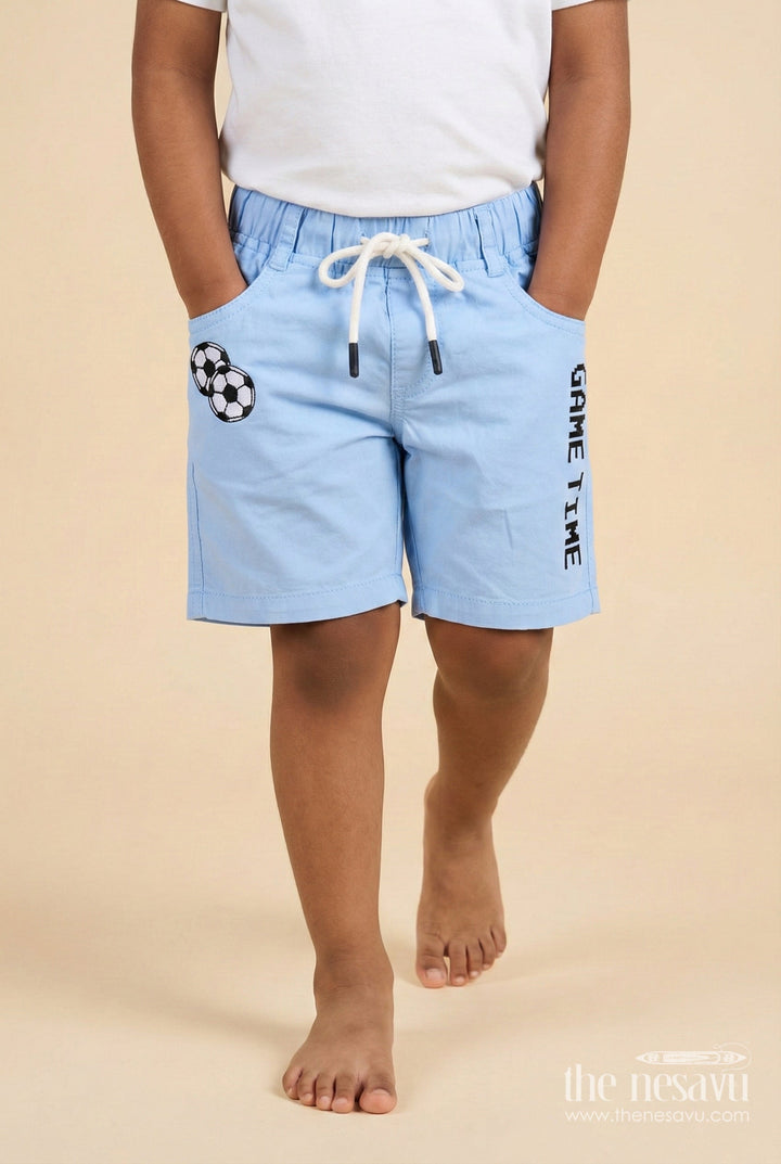 The Nesavu Boys Shorts Cotton Boys Shorts with Game Time Print and Football Patch Nesavu 14 (6M) / Blue / Cotton BWS068D-14 Sporty cotton boys shorts with football patch and GAME TIME print
