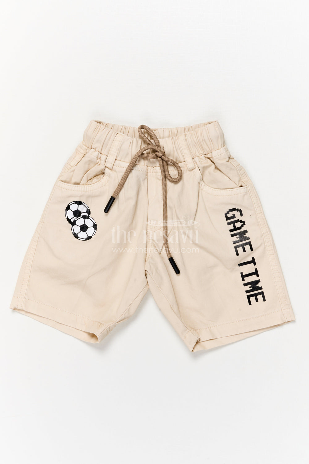 The Nesavu Boys Shorts Cotton Boys Shorts with Sporty Football Patch and Game Time Print Nesavu 14 (6M) / Cream / Cotton BWS068A-14 Boys cotton shorts with football patch and GAME TIME text for sporty kids