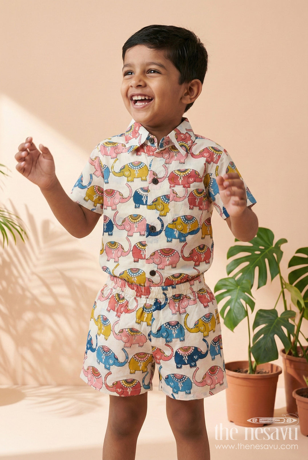 The Nesavu Boys Casual Set Cotton Casual Set for Toddler Boys with Elephant Digital Print Nesavu 16 (1Y) / Multicolor BCS551A-16 Nesavu toddler boys cotton outfit with elephant print – soft and fun casual wear for playtime
