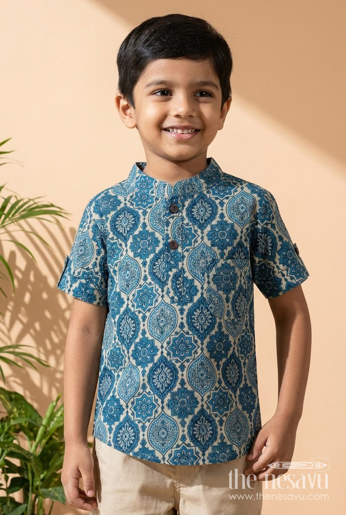 The Nesavu Boys Cotton Shirt Cotton Casual Shirt for Boys with All-over Digital Ethnic Print Nesavu 20 (3Y) / Blue BS380B-20 Nesavu boys cotton ethnic printed shirt – festive-ready traditional shirt for school and casual use