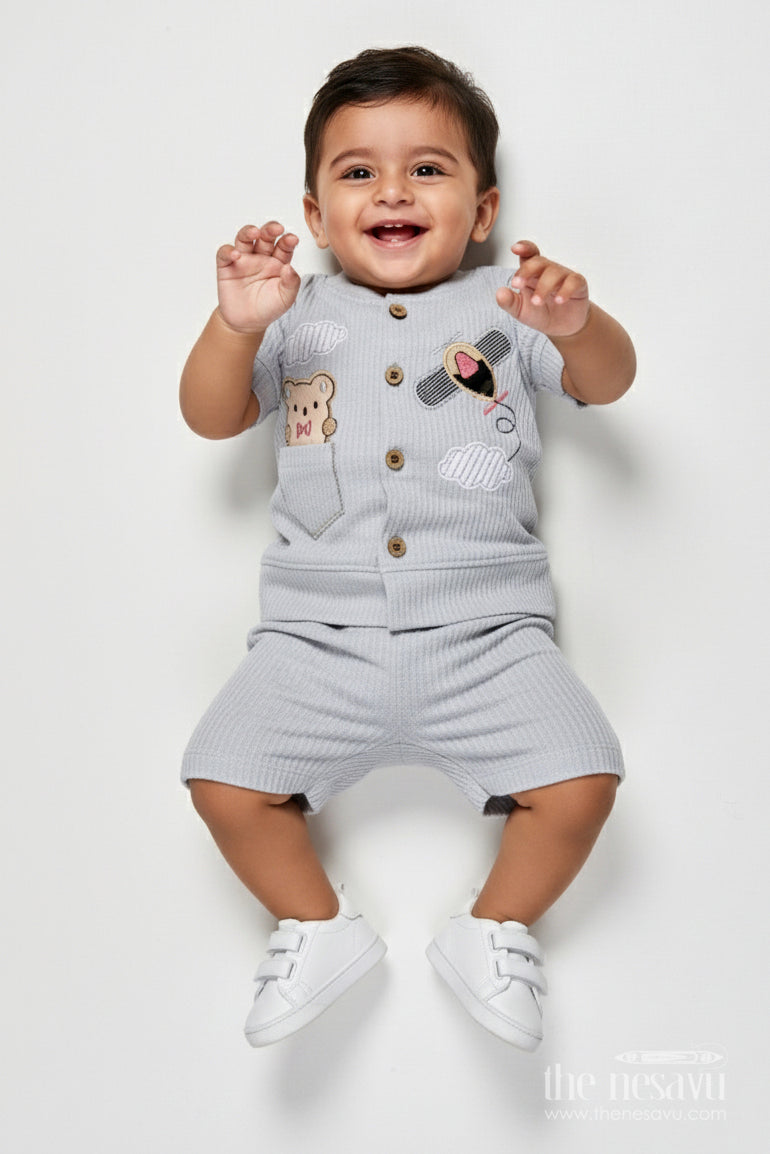 The Nesavu Boys Casual Set Cotton Co-ord Set for Boys to Wear During Play, Outings, or Lounging Nesavu 14 (6M) / Gray BCS528B-14 Nesavu boys cotton co-ord set short sleeve shirt pants play casual wear
