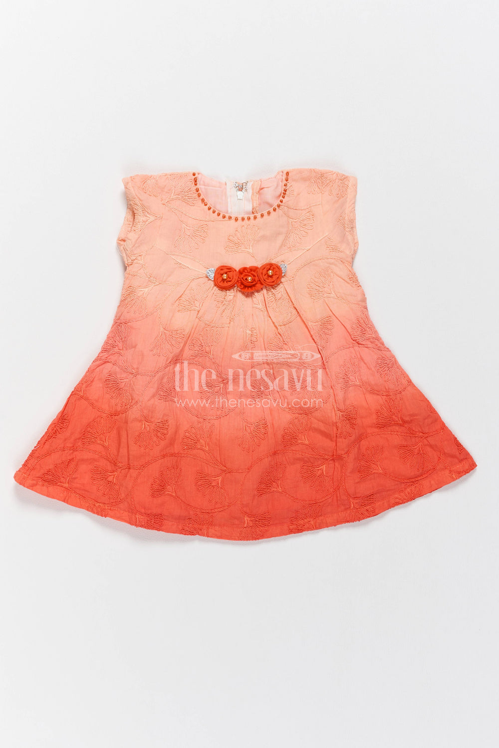 The Nesavu Girls Cotton Frock Cotton Dress for Girls in Orange for Traditional Events Nesavu 16 (1Y) / Orange / Cotton GFC2298A-16 Nesavu Cotton Dress For Girls In Orange With Thread Embroidery GFC2298A-16