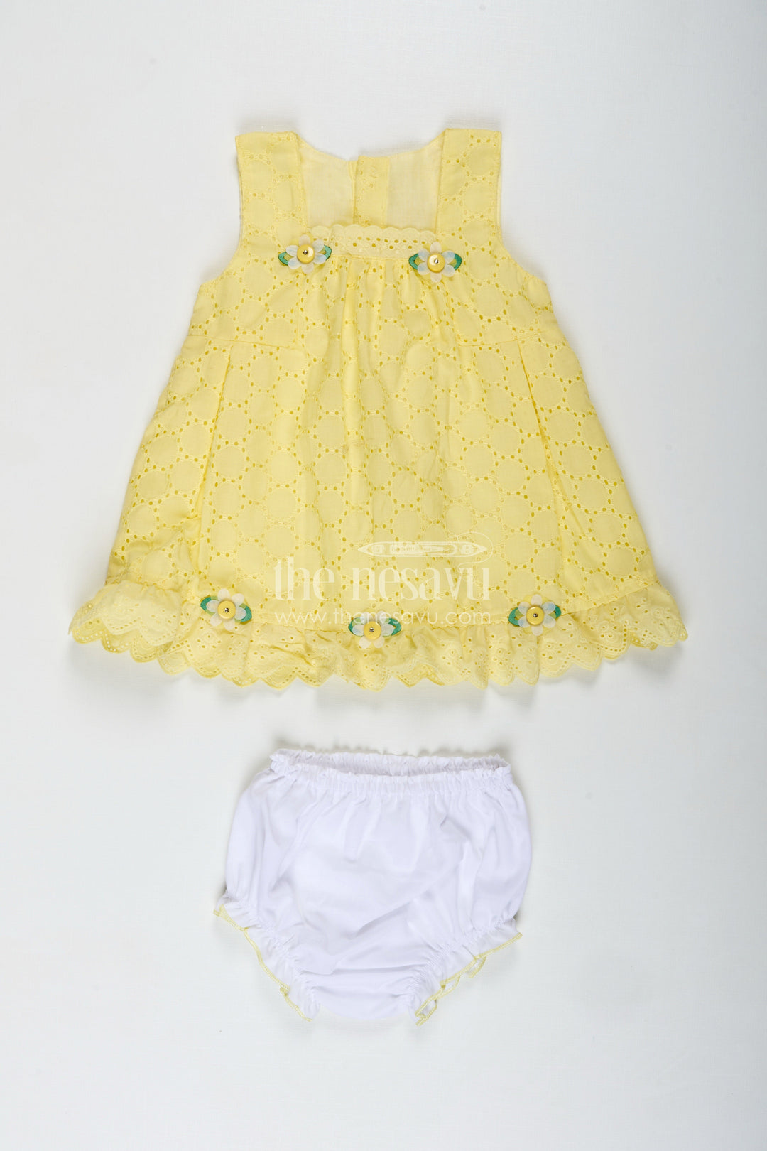 The Nesavu Baby Cotton Frocks Cotton Dress for Girls with Bloomer Dailywear Combo Nesavu 12 (3M) / Yellow BFJ815A-12 Nesavu Yellow Hakoba Girls Cotton Dress Bloomer Floral Appliqus Everyday Comfort