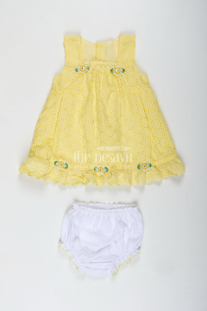 The Nesavu Baby Cotton Frocks Cotton Dress for Girls with Bloomer Dailywear Combo Nesavu 12 (3M) / Yellow BFJ815A-12 Nesavu Yellow Hakoba Girls Cotton Dress Bloomer Floral Appliqus Everyday Comfort