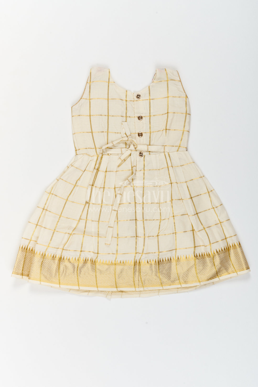 The Nesavu Girls Cotton Frock Cotton Dress for Girls with Statement Border for Festive Occasions Nesavu Nesavu Cotton Dress For Girls In Cream With Statement Border
