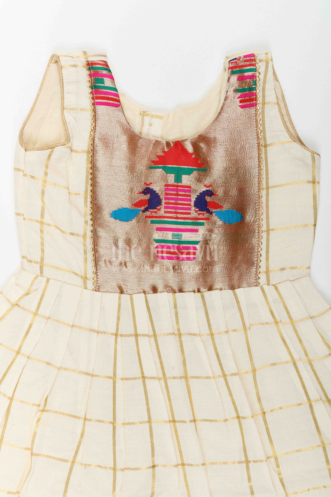 The Nesavu Girls Cotton Frock Cotton Dress for Girls with Statement Border for Festive Occasions Nesavu Nesavu Cotton Dress For Girls In Cream With Statement Border