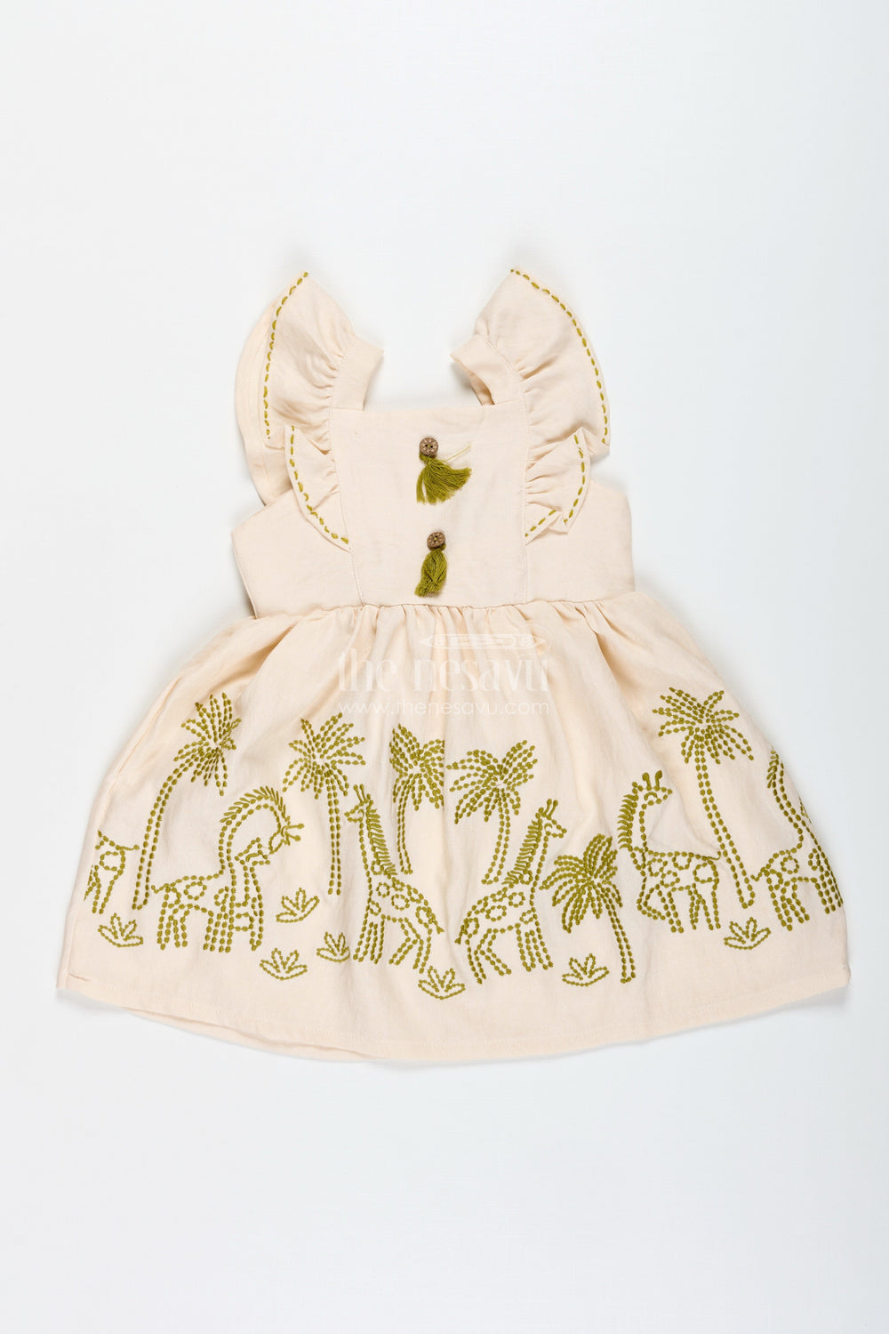 The Nesavu Girls Cotton Frock Cotton Dress for Toddler Girls with Leaf Embroidery Nesavu 20 (3Y) / Cream GFC1855A-20 Nesavu Toddler Cotton Summer Frock Leaf Embroidery Frilled Sleeves Everyday Comfort