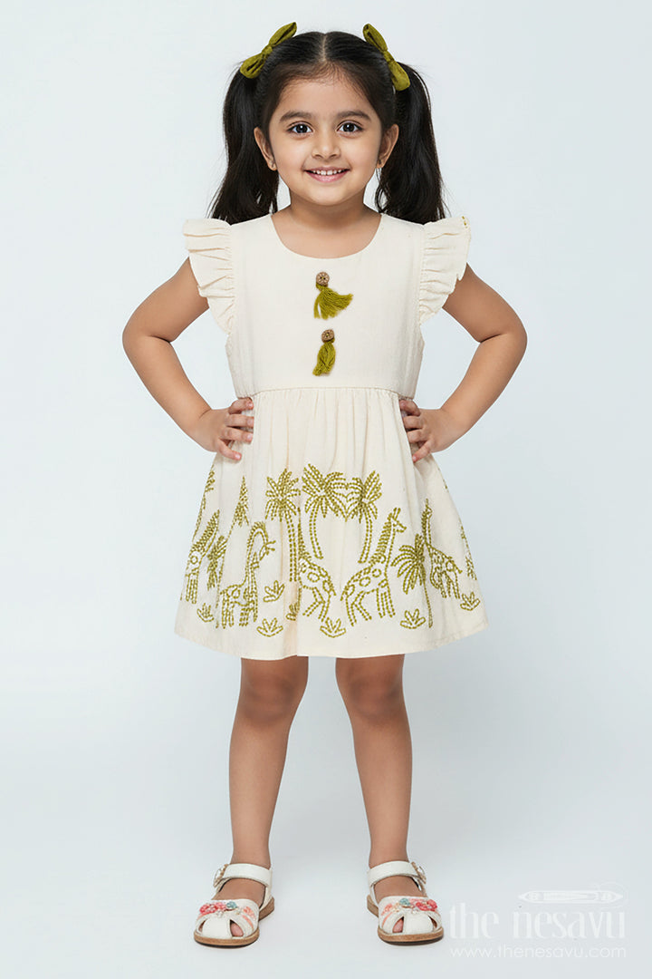 The Nesavu Girls Cotton Frock Cotton Dress for Toddler Girls with Leaf Embroidery Nesavu 20 (3Y) / Cream GFC1855A-20 Nesavu Toddler Cotton Summer Frock Leaf Embroidery Frilled Sleeves Everyday Comfort