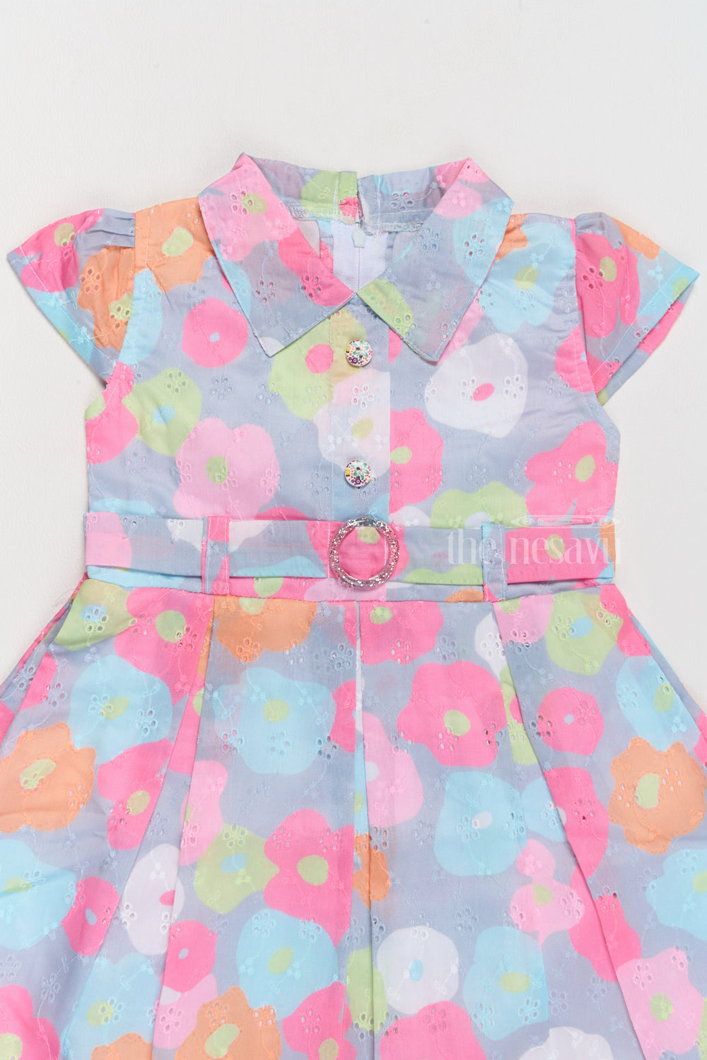 The Nesavu Girls Cotton Frock Cotton Dress Simple for Girls with Vibrant Floral Design and Button-Front Closure Nesavu Nesavu Cotton Simple Girls Dress Floral Prints Jeweled Waist Belt Celebrations