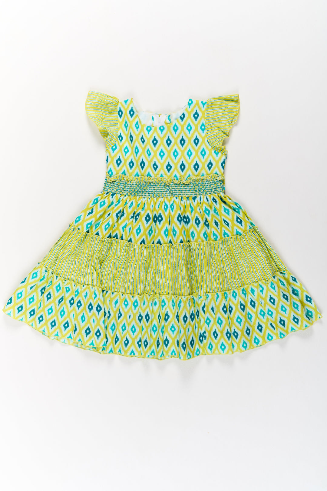 The Nesavu Girls Cotton Frock Cotton Dresses for Girls with Ikat Print and Ruffled Cap Sleeves Nesavu 20 (3Y) / Yellow GFC1501A-20 Nesavu Cotton Dresses Girls Ikat Print Smocked Bodice Ruffled Sleeves