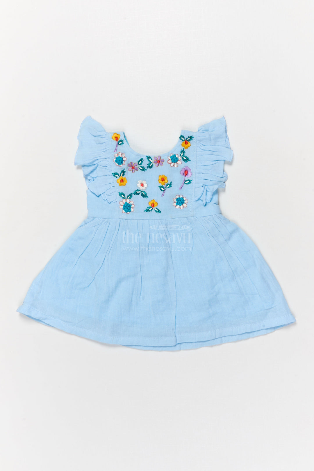 The Nesavu Baby Cotton Frocks Cotton Embroidered Frock for Toddler Girls with Flutter Sleeves Nesavu 14 (6M) / Blue BFJ890A-14 Nesavu toddler girl cotton frock with floral embroidery and flutter sleeves for traditional functions