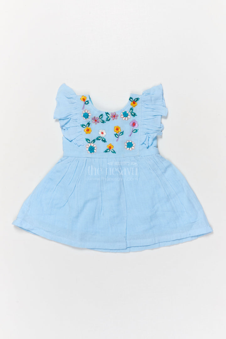 The Nesavu Baby Cotton Frocks Cotton Embroidered Frock for Toddler Girls with Flutter Sleeves Nesavu 14 (6M) / Blue BFJ890A-14 Nesavu toddler girl cotton frock with floral embroidery and flutter sleeves for traditional functions