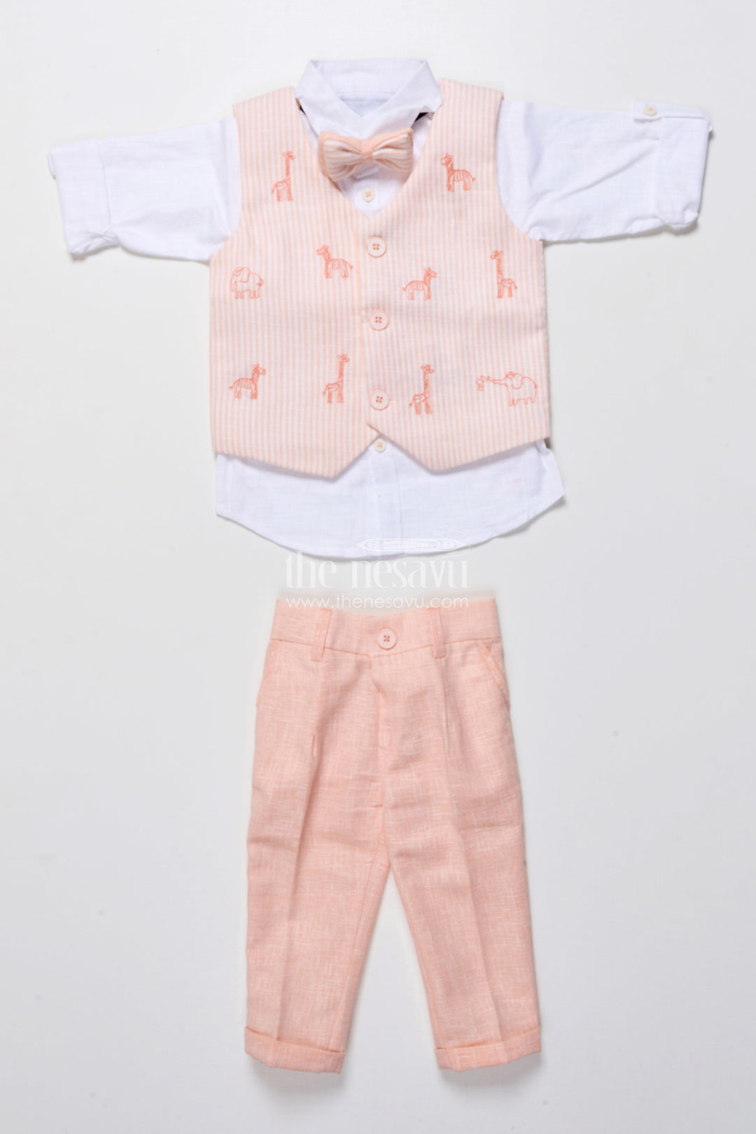 The Nesavu Boys Casual Set Cotton Festive Outfit for Boys with Embroidered Jacket and Formal Pants Nesavu 16 (1Y) / Peach BCS440B-16 Nesavu boys cotton festive outfit animal embroidery jacket trousers special events