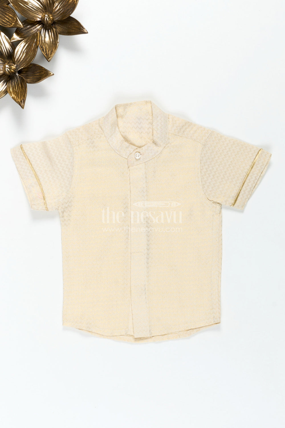 The Nesavu Boys Silk Shirt Cotton Festive Shirt for Boys in Gold Silk Blend with Mandarin Collar and Subtle Pattern Detail Nesavu Nesavu Boys Cotton Festive Shirt Silk Blend Mandarin Collar Subtle Woven Design