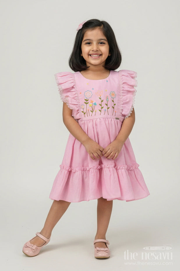 The Nesavu Baby Cotton Frocks Cotton Frock Baby in Light Pink with Floral Thread Embroidery and Ruffled Sleeves Nesavu 14 (6M) / Pink BFJ770A-14 Cotton Frock Baby Light Pink Floral Thread Embroidery Tiered Hem | The Nesavu