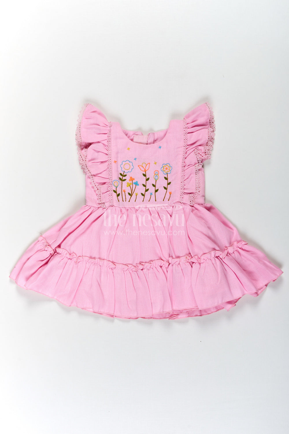 The Nesavu Baby Cotton Frocks Cotton Frock Baby in Light Pink with Floral Thread Embroidery and Ruffled Sleeves Nesavu 14 (6M) / Pink BFJ770A-14 Nesavu Cotton Frock Baby Light Pink Floral Thread Embroidery Tiered Hem