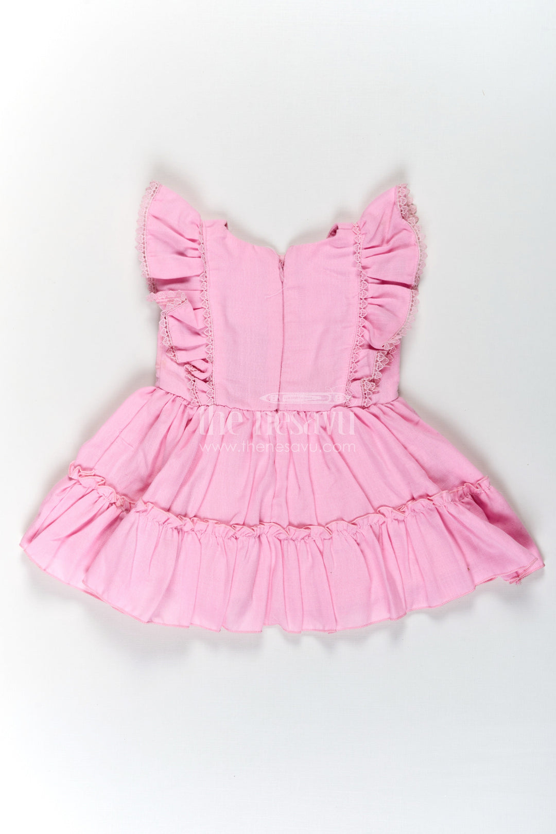 The Nesavu Baby Cotton Frocks Cotton Frock Baby in Light Pink with Floral Thread Embroidery and Ruffled Sleeves Nesavu Nesavu Cotton Frock Baby Light Pink Floral Thread Embroidery Tiered Hem