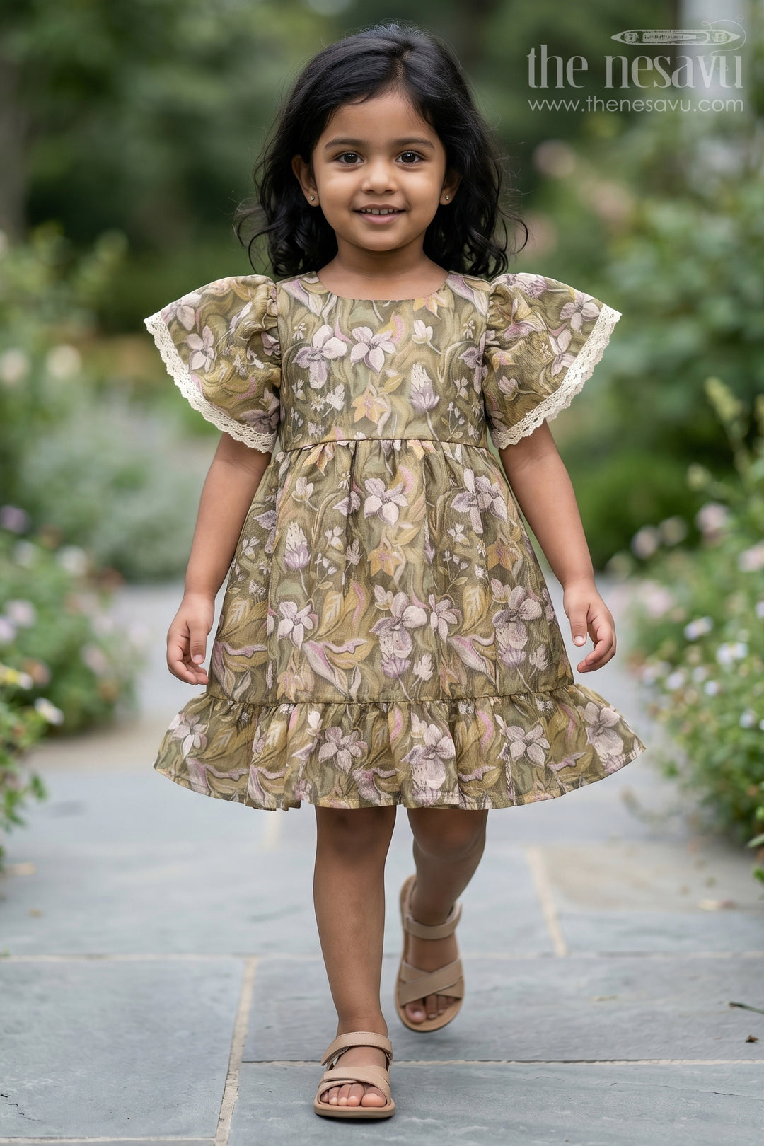 The Nesavu Girls Chanderi Frock Cotton Frock Dress for Women with Floral Tissue Print and Puff Sleeves, Ideal for Festive Family Gatherings Nesavu 18 (2Y) / Green GFC1453B-18 Elegant Cotton Frock Dress Women Floral Print Puff Sleeves Nesavu Perfect Festive Gatherings Family Events