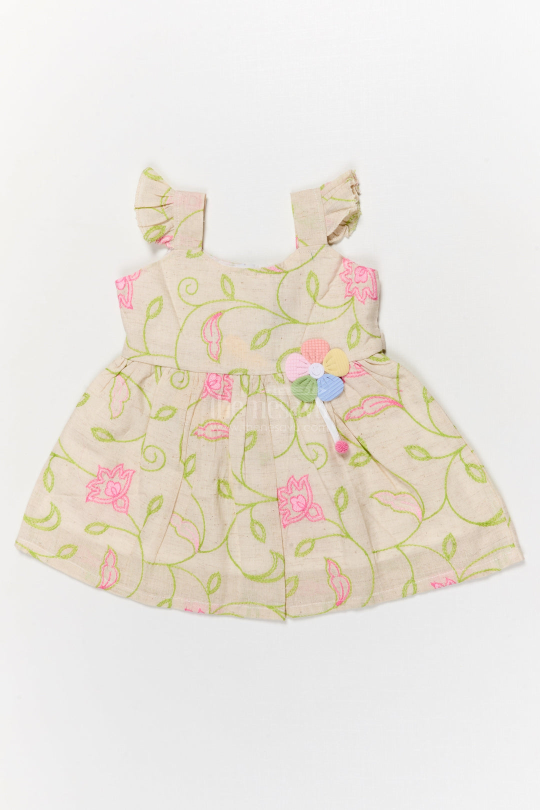 The Nesavu Baby Cotton Frocks Cotton Frock for Baby Girl’s Everyday Comfort and Casual Outings Nesavu 14 (6M) / Green / Cotton Blend BFJ909A-14 Nesavu baby cotton frock with floral thread embroidery and frilled straps for daily comfort