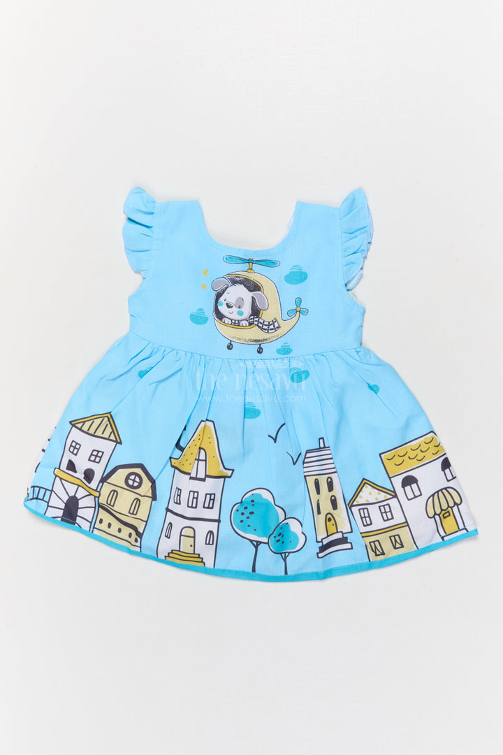 The Nesavu Baby Cotton Frocks Cotton Frock for Baby Girls with Cartoon Helicopter and Town Print Nesavu 14 (6M) / Blue BFJ897A-14 Nesavu baby girl cotton frock with cartoon town and helicopter digital print