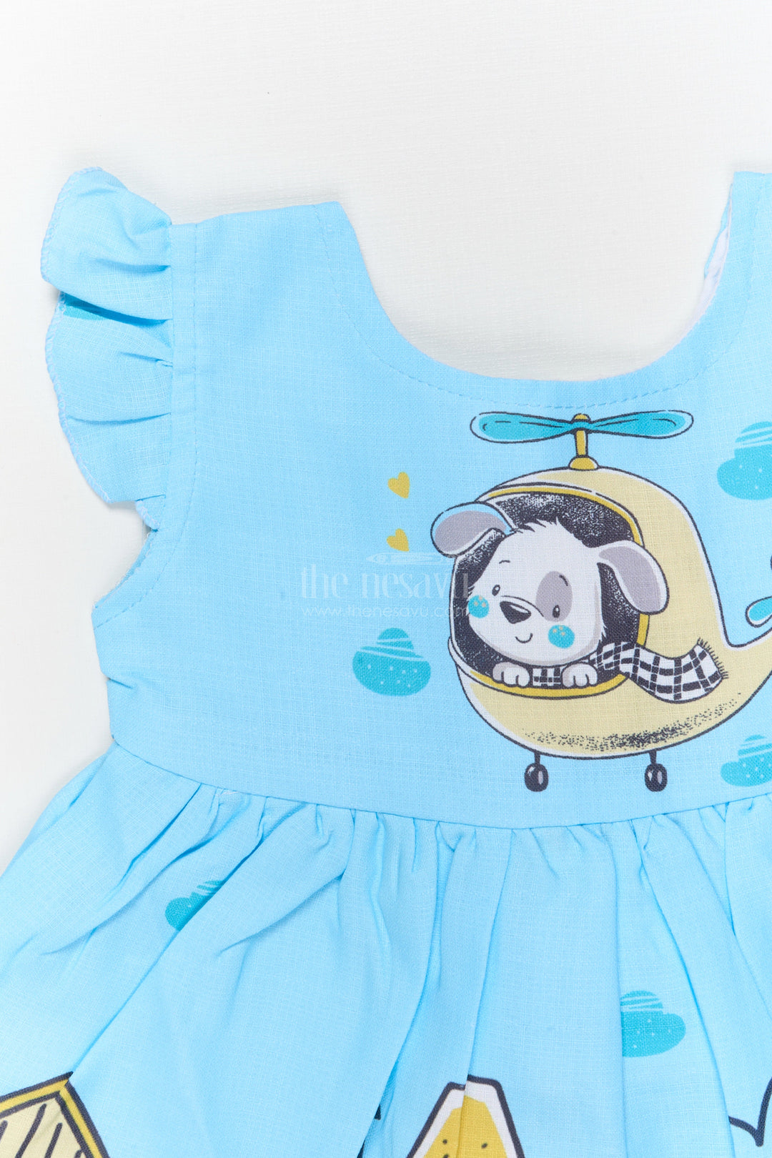 The Nesavu Baby Cotton Frocks Cotton Frock for Baby Girls with Cartoon Helicopter and Town Print Nesavu Nesavu baby girl cotton frock with cartoon town and helicopter digital print