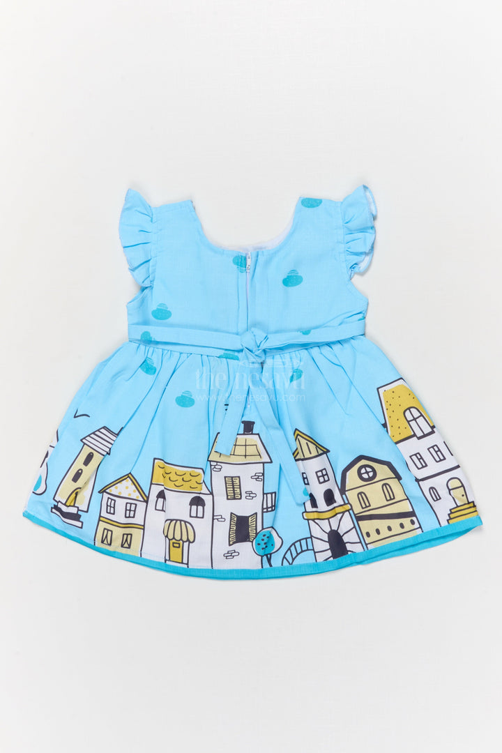 The Nesavu Baby Cotton Frocks Cotton Frock for Baby Girls with Cartoon Helicopter and Town Print Nesavu Nesavu baby girl cotton frock with cartoon town and helicopter digital print