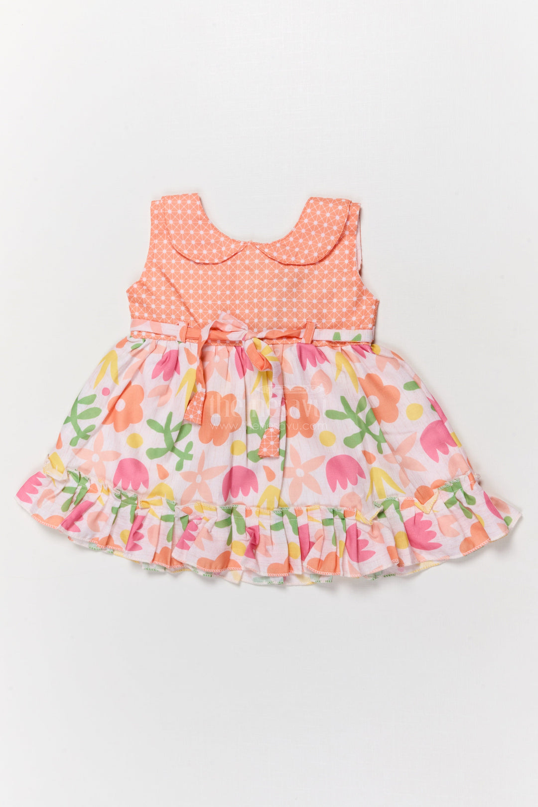 The Nesavu Baby Cotton Frocks Cotton Frock for Baby Girls with Floral Digital Print and Tie-up Waist Nesavu 14 (6M) / Peach BFJ888C-14 Nesavu cotton frock for baby girls with digital floral print and tie-up belt for birthdays and playdates