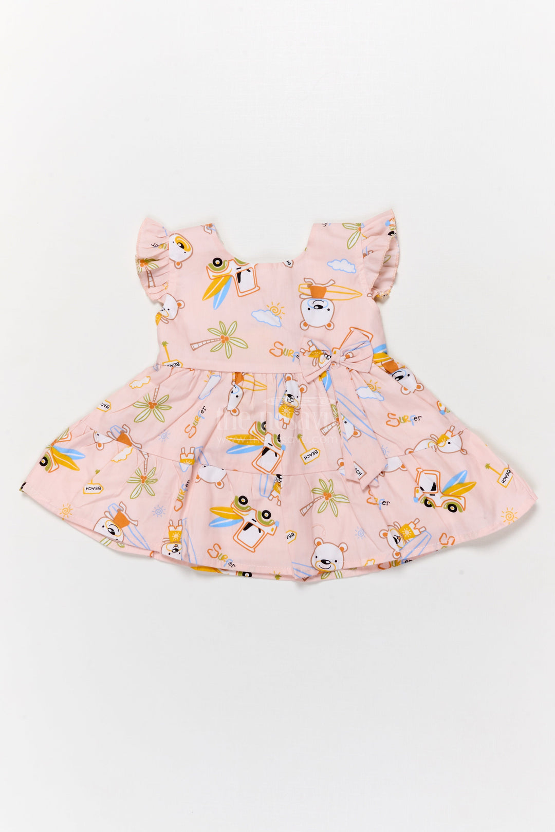 The Nesavu Baby Cotton Frocks Cotton Frock for Baby Girls with Surfer Bear Print and Bow for Summer Playdates Nesavu 14 (6M) / Peach BFJ896B-14 Nesavu cotton frock for baby girls with surfer bear digital print and frill sleeves for summer play