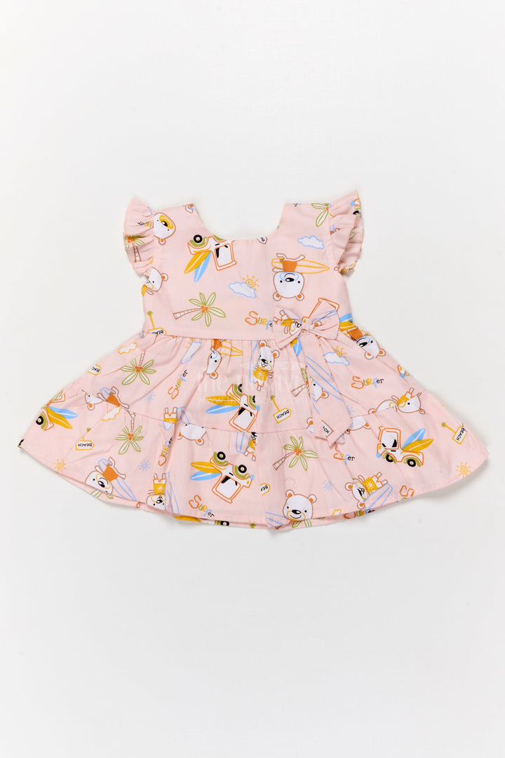 The Nesavu Baby Cotton Frocks Cotton Frock for Baby Girls with Surfer Bear Print and Bow for Summer Playdates Nesavu 14 (6M) / Peach BFJ896B-14 Nesavu cotton frock for baby girls with surfer bear digital print and frill sleeves for summer play