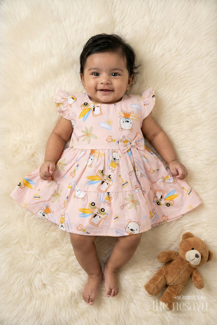 The Nesavu Baby Cotton Frocks Cotton Frock for Baby Girls with Surfer Bear Print and Bow for Summer Playdates Nesavu 14 (6M) / Peach BFJ896B-14 Nesavu cotton frock for baby girls with surfer bear digital print and frill sleeves for summer play
