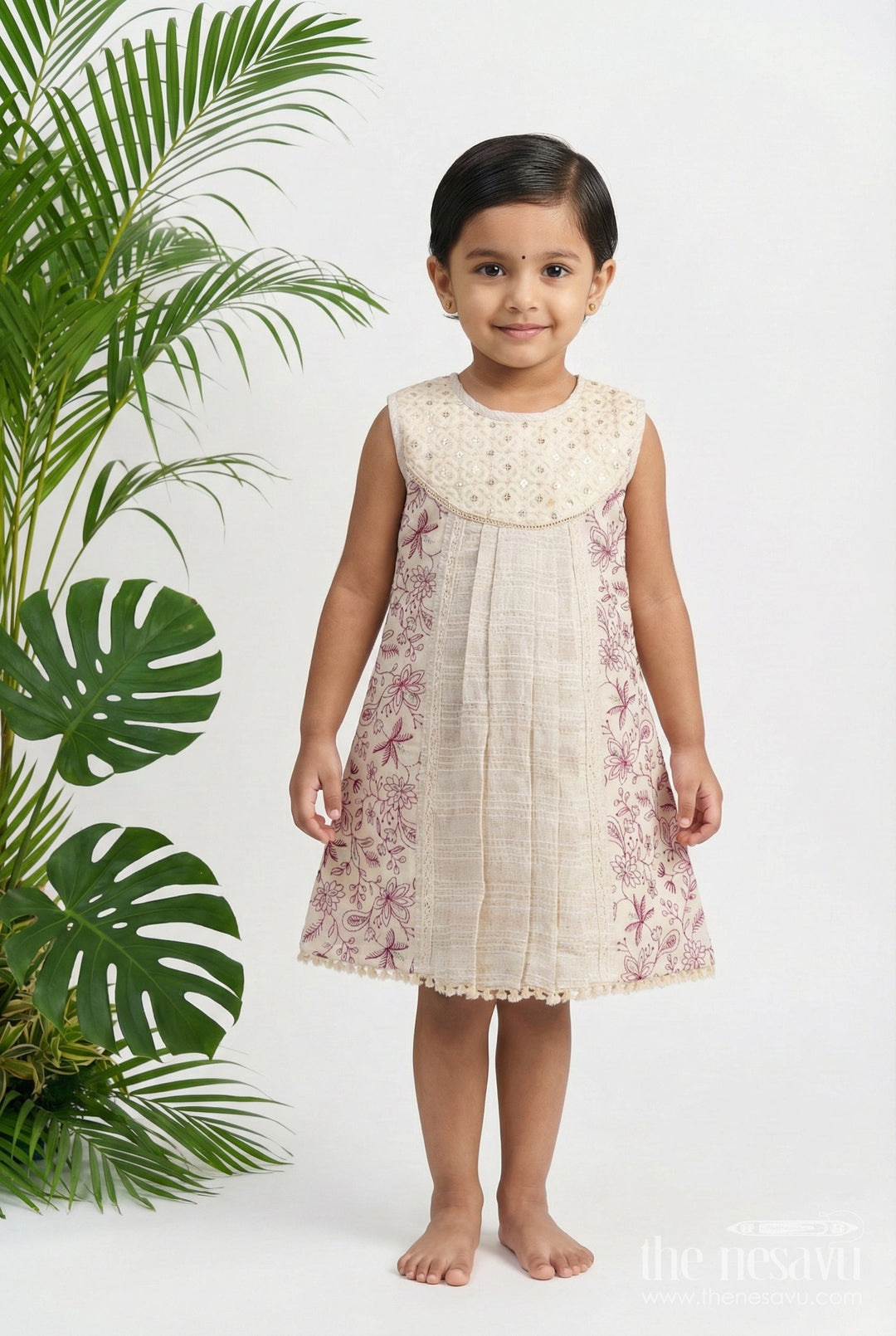 The Nesavu Girls Cotton Frock Cotton Frock for Girls with Embroidered Yoke for Casual Outings and Family Get-Togethers Nesavu 22 (4Y) / Cream GFC1801A-22 Nesavu cotton frock girls net embroidered yoke perfect casual occasions family gatherings