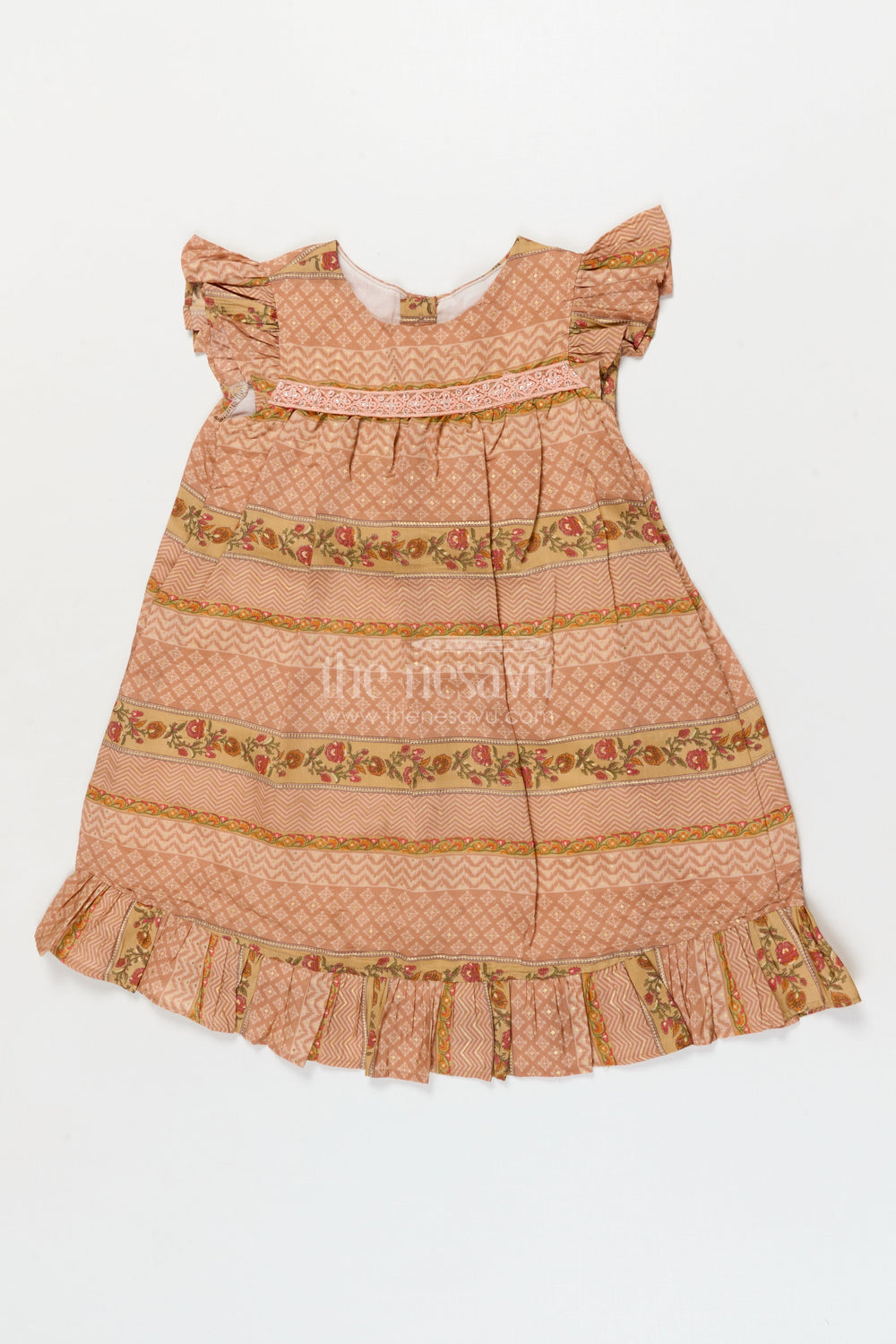 The Nesavu Girls Cotton Frock Cotton Frock for Toddler Girls for Casual Celebrations and Family Get-togethers Nesavu 18 (2Y) / Brown / Modal GFC2082B-18 Nesavu cotton frock with traditional print and lace for toddler girls' festive casual wear