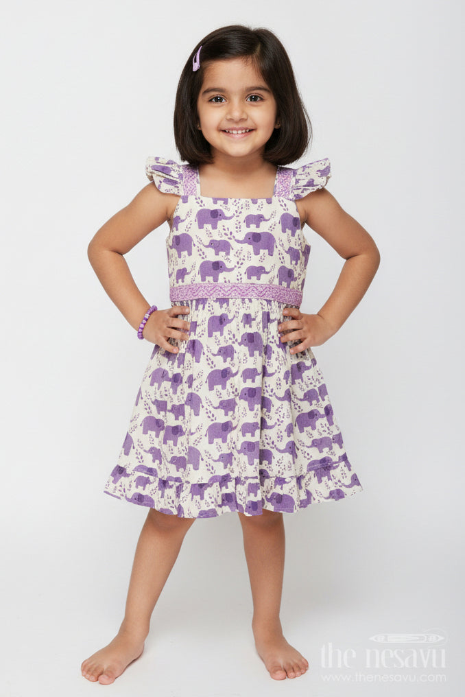 The Nesavu Girls Cotton Frock Cotton Frock for Toddler Girls with Elephant Print Nesavu 18 (2Y) / Purple / Style 1 GFC1970CA-18 Nesavu cotton frock toddler girls elephant print flutter sleeves