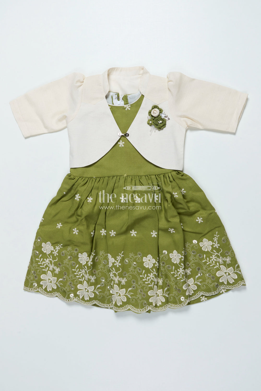 The Nesavu Girls Cotton Frock Cotton Frock with Embroidered Jacket for Girls for Festive and Family Functions Nesavu 22 (4Y) / Green GFC1920B-22 Nesavu girls cotton frock embroidery jacket perfect ethnic day family gatherings