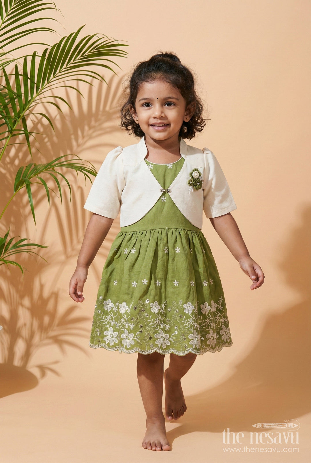 The Nesavu Girls Cotton Frock Cotton Frock with Embroidered Jacket for Girls for Festive and Family Functions Nesavu 22 (4Y) / Green GFC1920B-22 Nesavu girls cotton frock embroidery jacket perfect ethnic day family gatherings