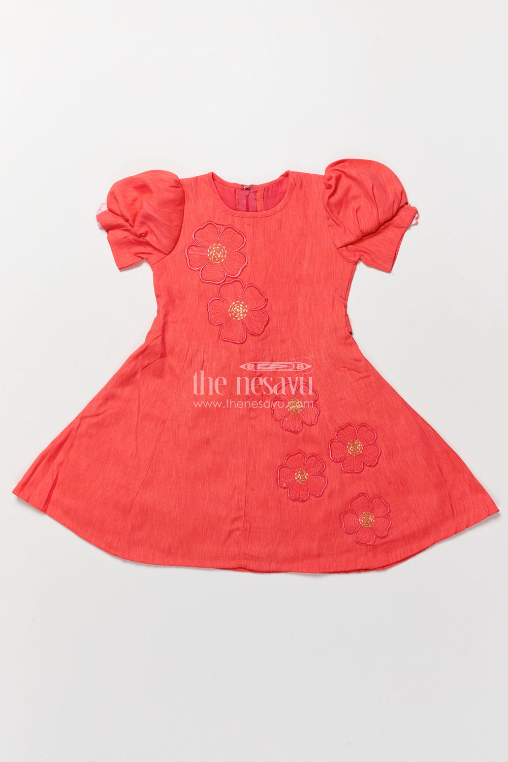 The Nesavu Girls Cotton Frock Cotton Frock with Floral Embroidery for Girls Casual and Festive Wear Nesavu 22 (4Y) / Orange GFC1919A-22 Nesavu cotton frock girls puff sleeves floral embroidery ideal festive casual days