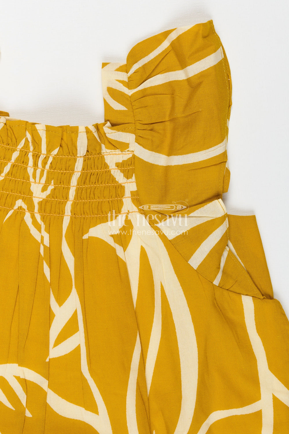 The Nesavu Girls Cotton Frock Cotton Frock with Knot Straps for Baby Girls Nesavu Nesavu Sleeveless Girls Cotton Frock Knot Shoulders Leaf Print Yellow Digital Fabric