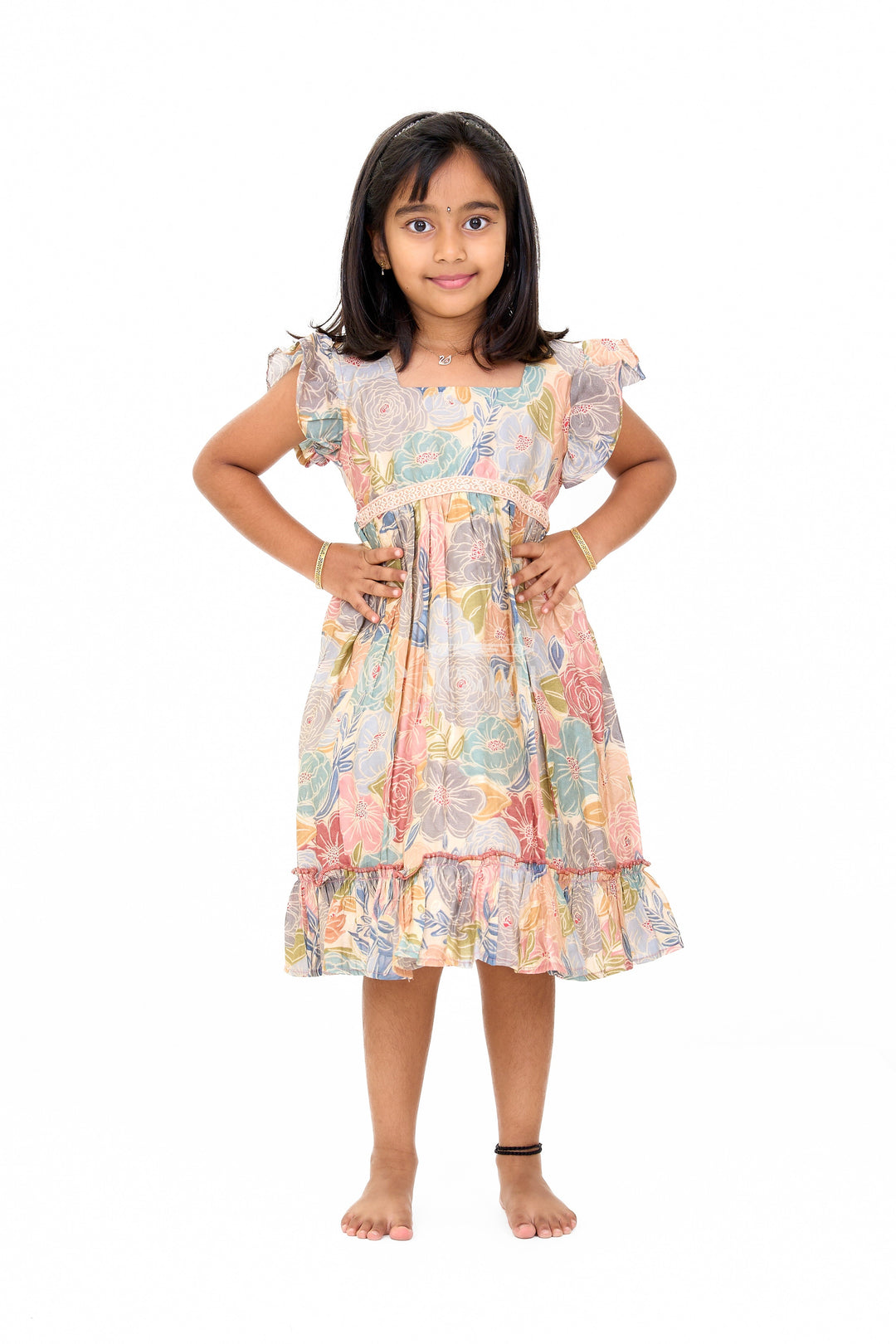 The Nesavu Girls Cotton Frock Cotton Gown for Party in Multicolor Floral Design with Ruffled Details Nesavu 16 (1Y) / Multicolor GFC1586A-16 Nesavu Multicolor Floral Cotton Party Gown Girls Ruffles
