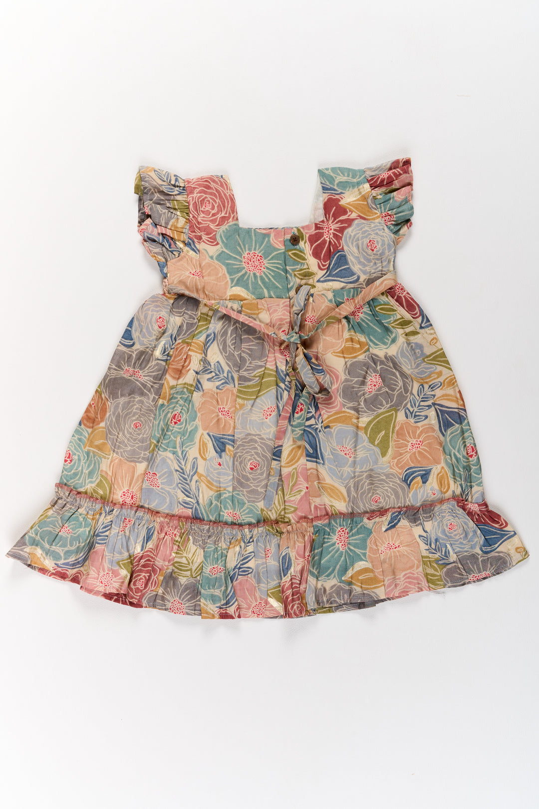 The Nesavu Girls Cotton Frock Cotton Gown for Party in Multicolor Floral Design with Ruffled Details Nesavu Nesavu Multicolor Floral Cotton Party Gown Girls Ruffles