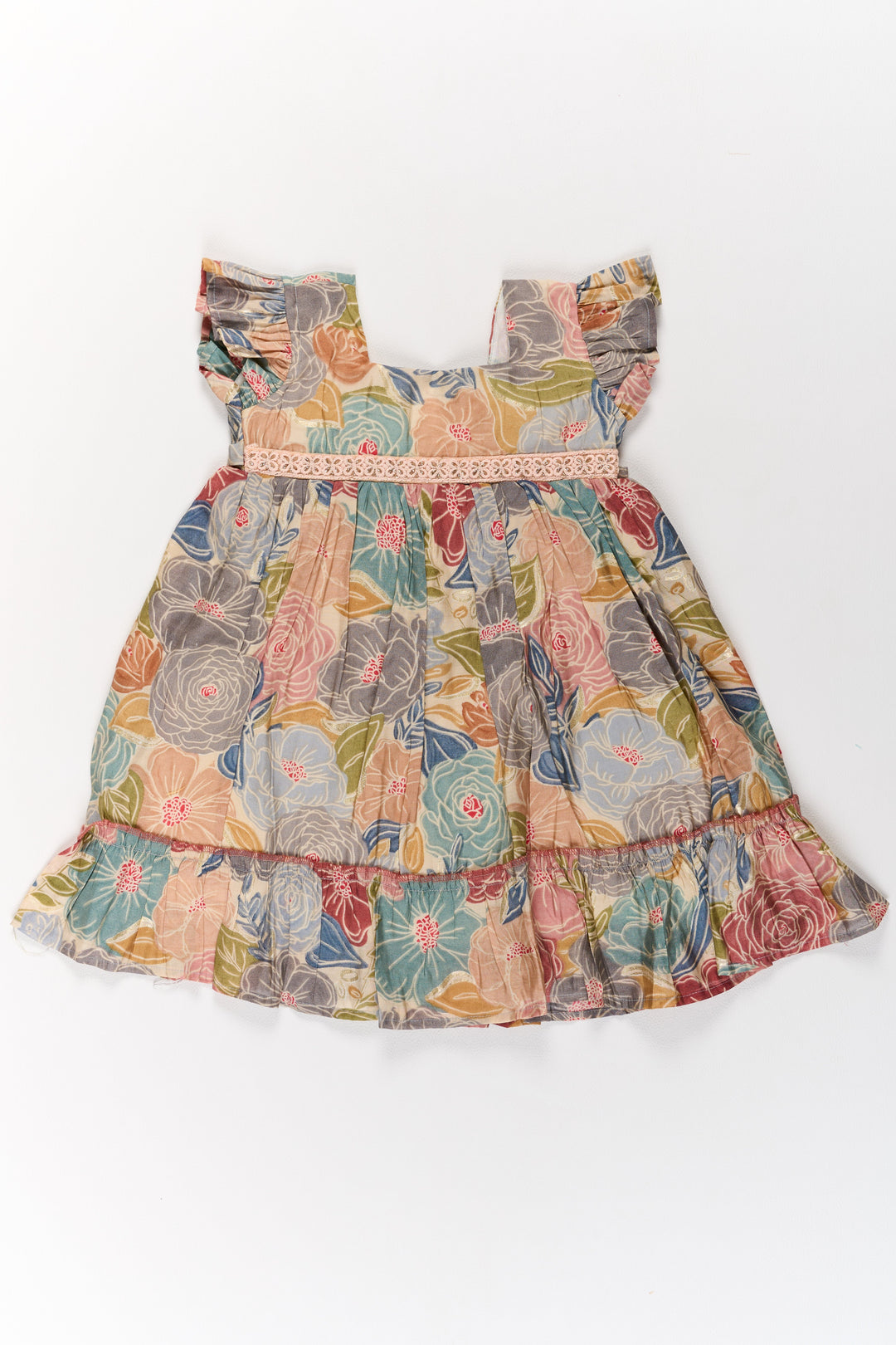The Nesavu Girls Cotton Frock Cotton Gown for Party in Multicolor Floral Design with Ruffled Details Nesavu Nesavu Multicolor Floral Cotton Party Gown Girls Ruffles