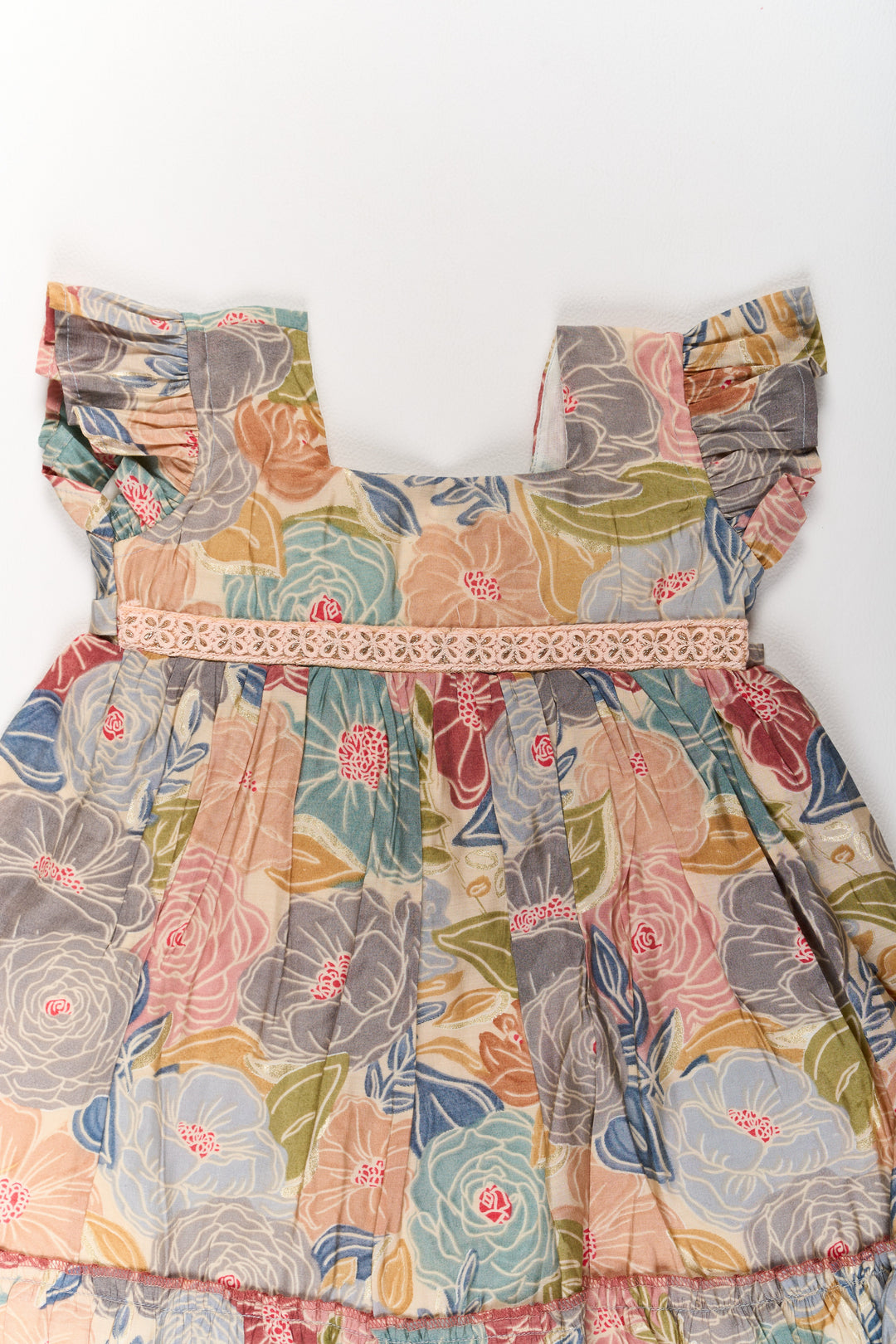 The Nesavu Girls Cotton Frock Cotton Gown for Party in Multicolor Floral Design with Ruffled Details Nesavu Nesavu Multicolor Floral Cotton Party Gown Girls Ruffles